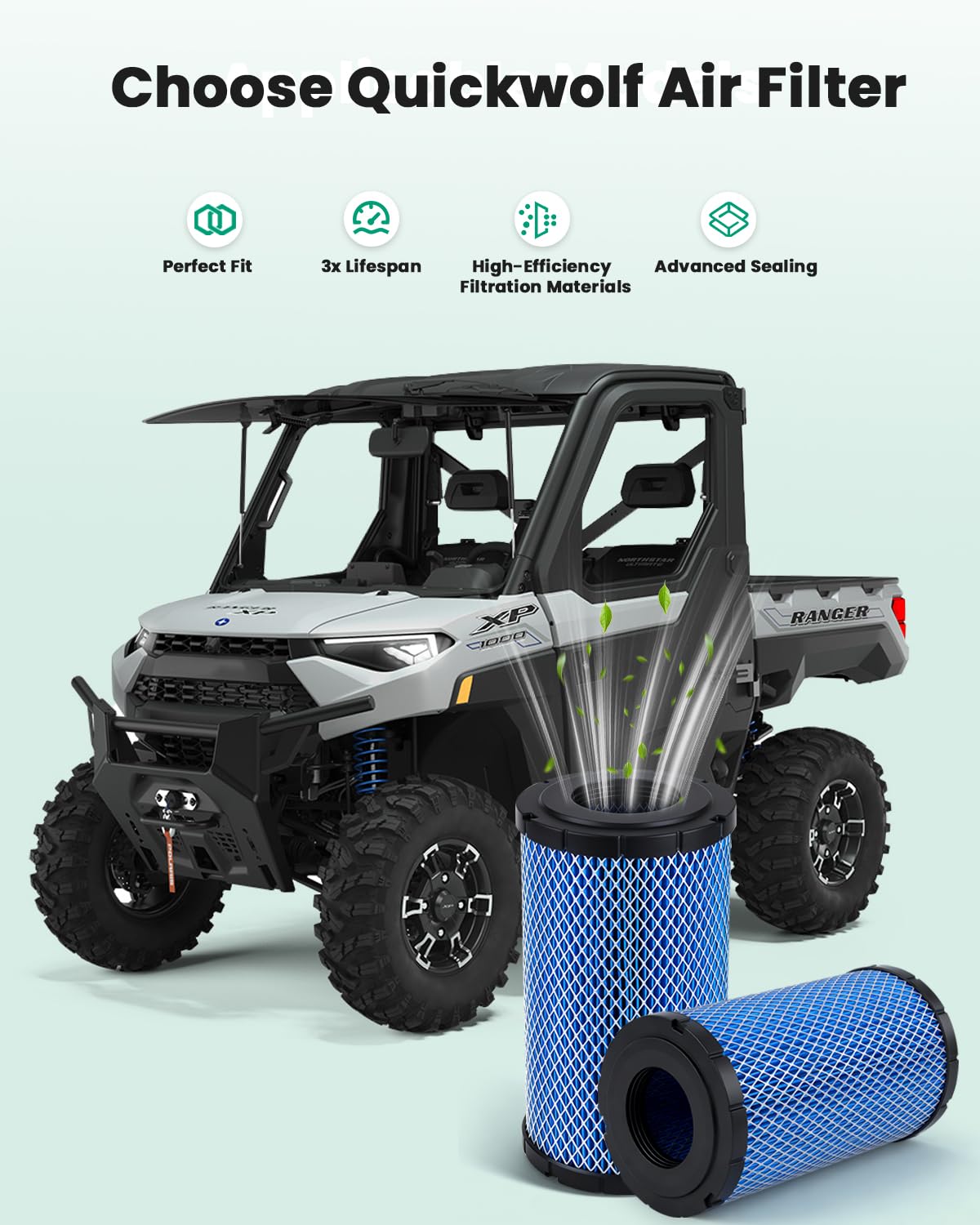 QUICKWOLF filter in off-road maintenance scene showing protection for engine benefit