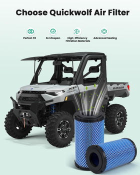 QUICKWOLF filter in off-road maintenance scene showing protection for engine benefit