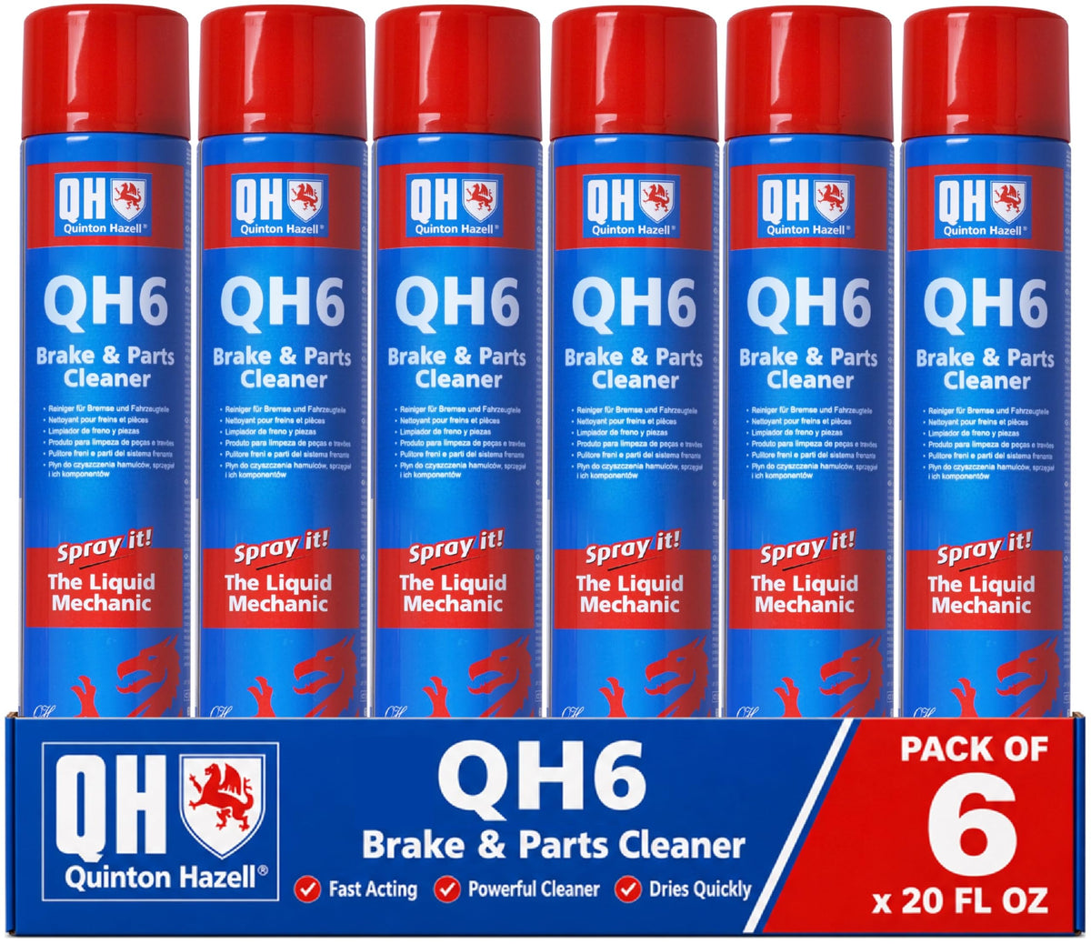 Quinton Hazell front pack shot showing six cans and clear labeling for reliable garage supply