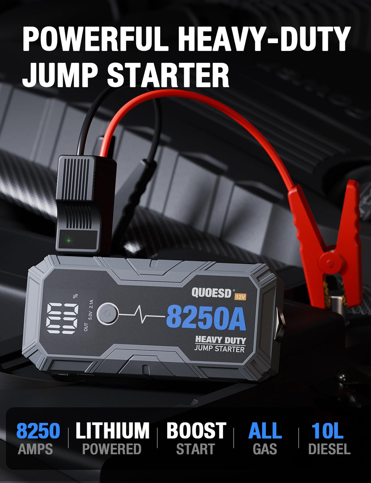 QUOESD jump clamps detail highlighting safety features and spark-proof benefit