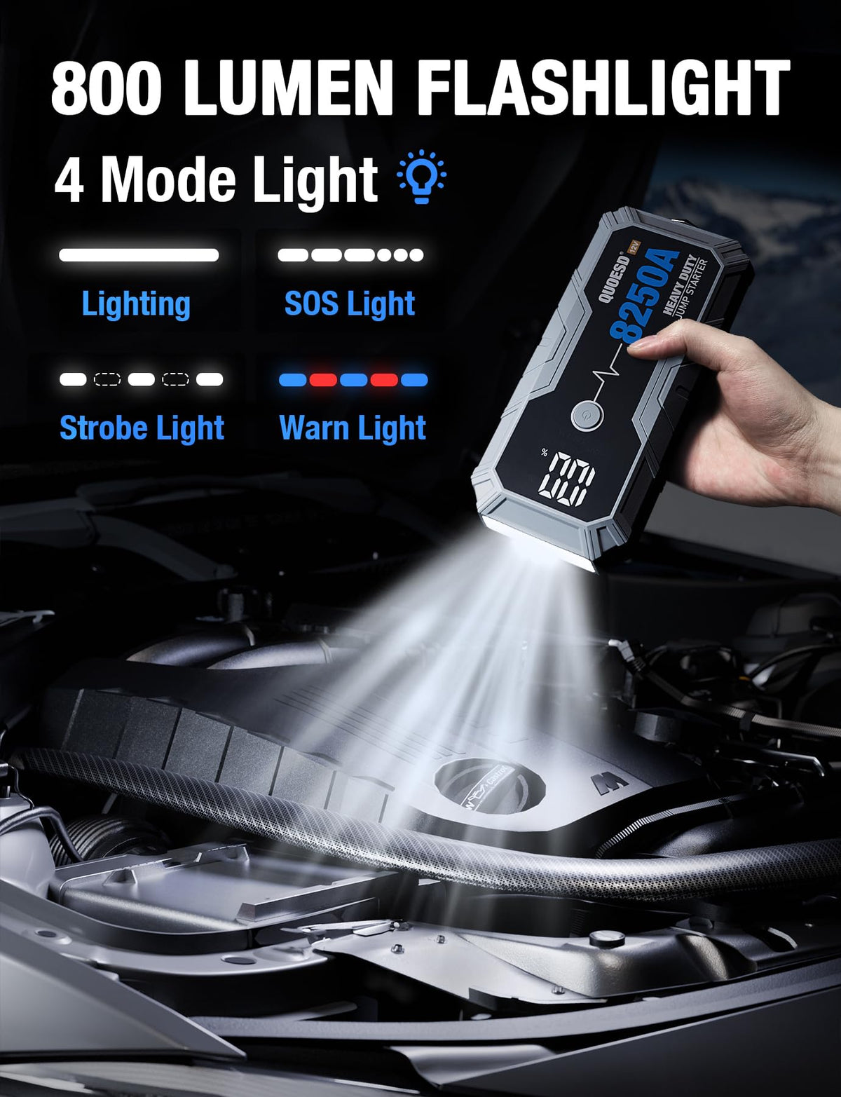 QUOESD in a car trunk lifestyle image showing roadside readiness benefit