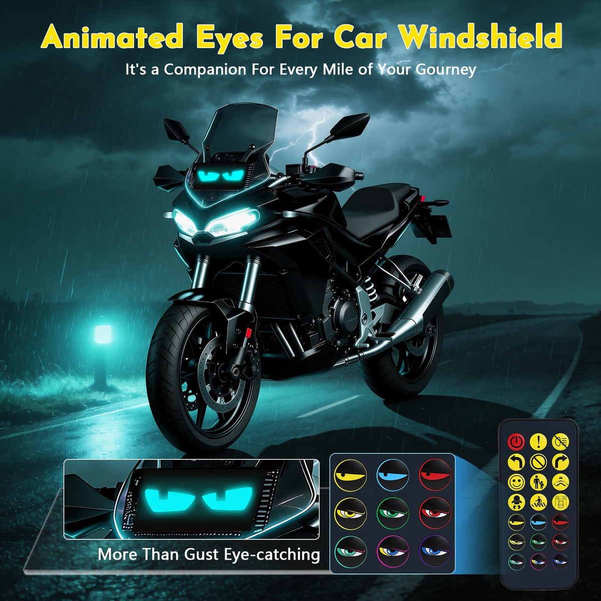 Quplavo mounted on motorcycle windshield demonstrating easy fit and striking nighttime visibility