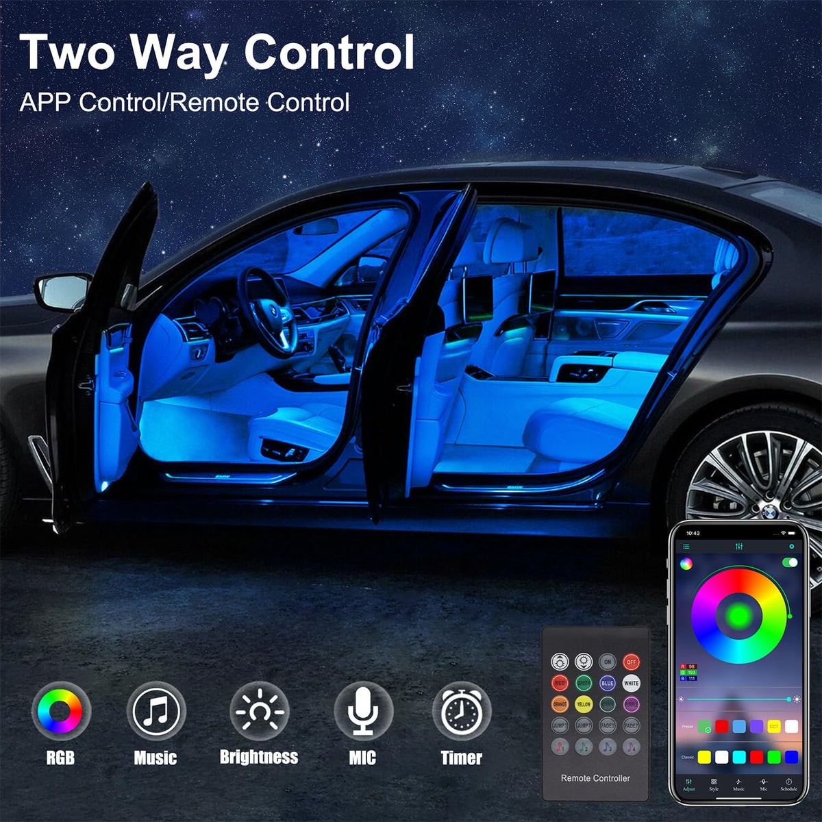 QVEVDACAR app and remote on phone screen enabling precise color control
