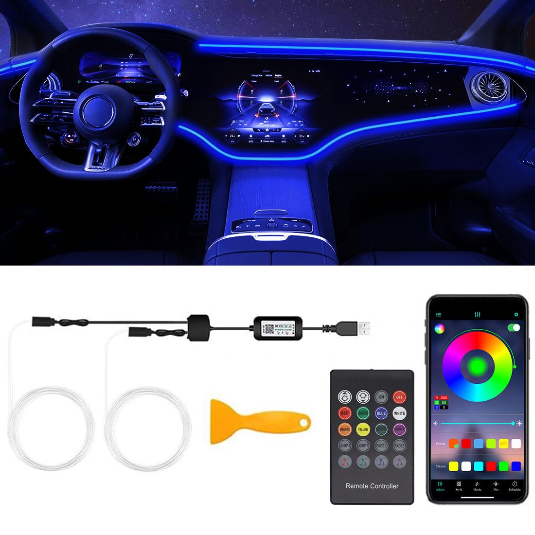 QVEVDACAR front packaging showing complete 2-in-1 RGB kit and benefits