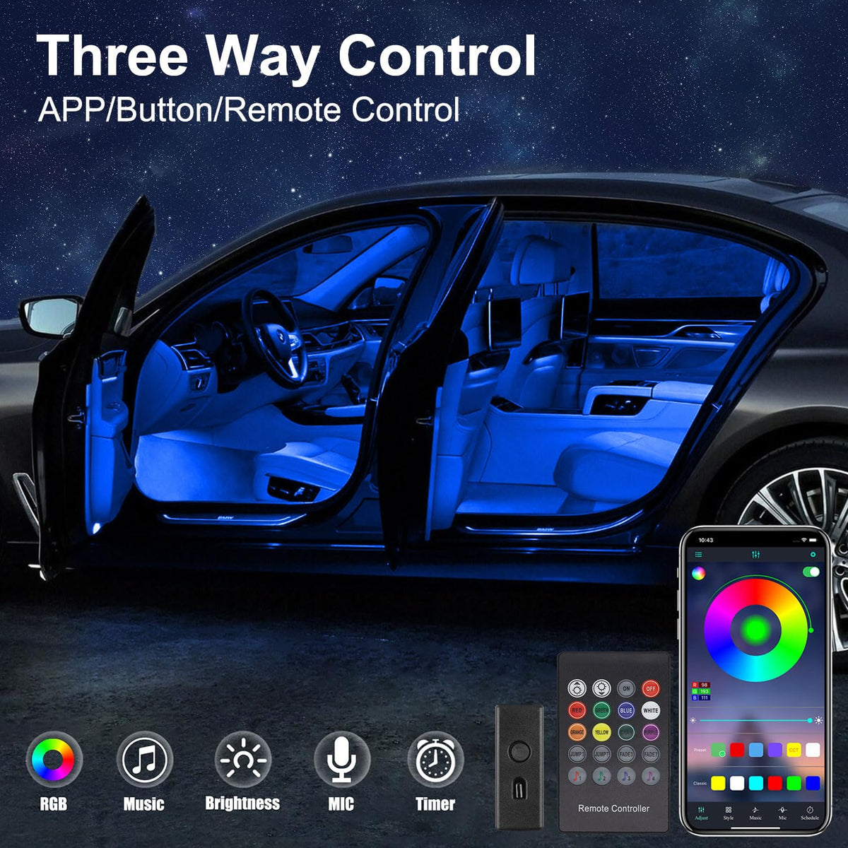 QVEVDACAR installed on dashboard creating ambient mood lighting while driving