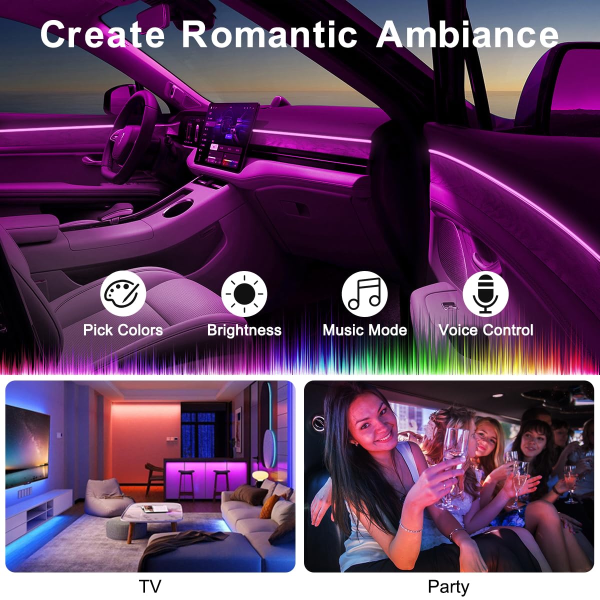 QVEVDACAR installed in car footwell providing ambient mood lighting