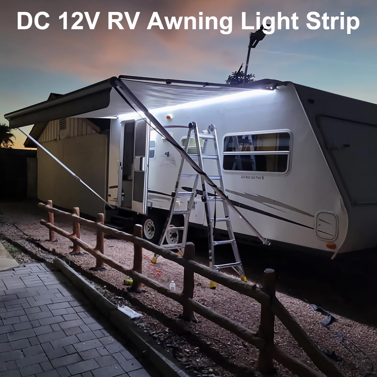 qvevdacar mounted under an RV awning illuminating campsite for safer evening activities