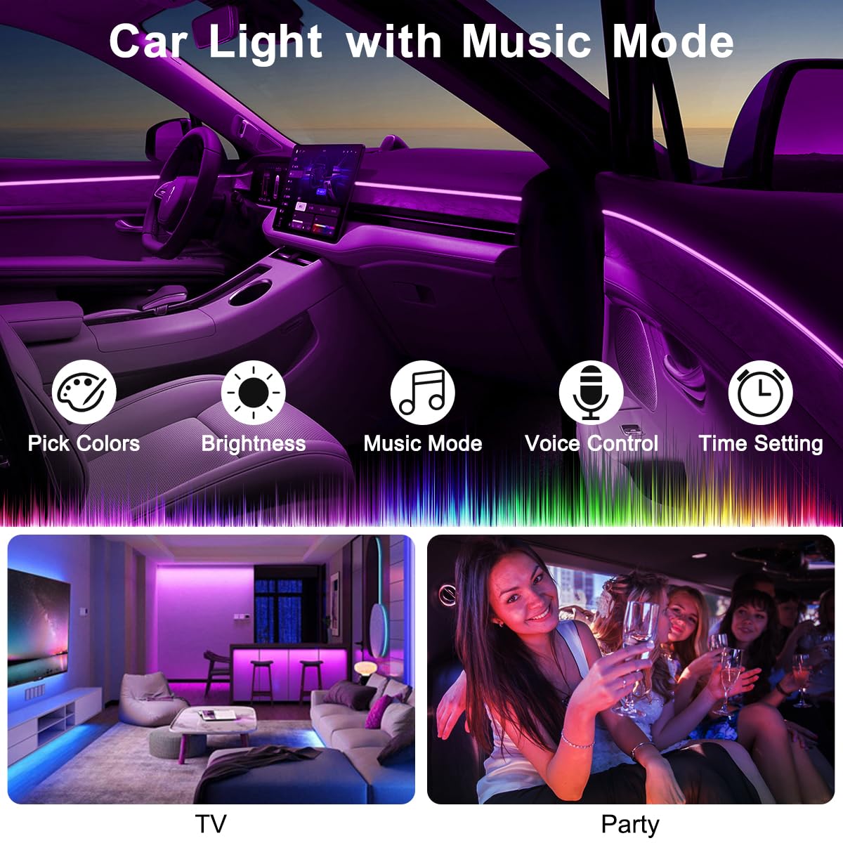 QVEVDACAR interior at night with multicolor lighting enhancing mood