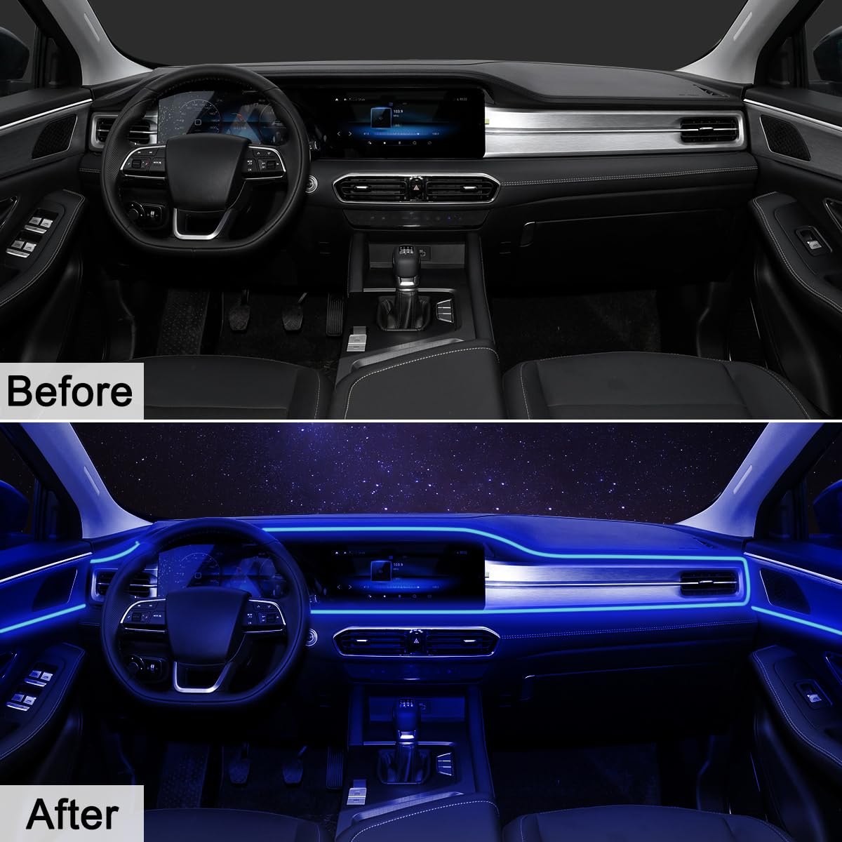 QVEVDACAR under dash strips installed showing seamless ambient glow benefit