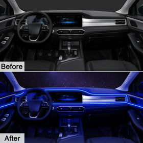 QVEVDACAR under dash strips installed showing seamless ambient glow benefit