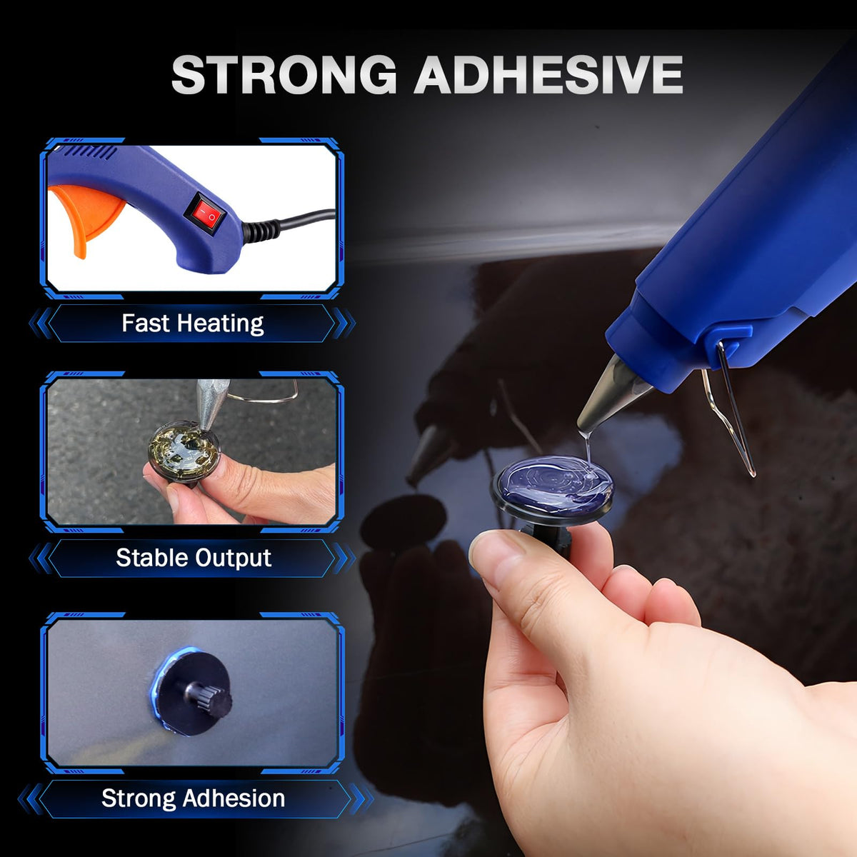 QwikFix kit in garage use during a car dent repair demonstrating practical workflow