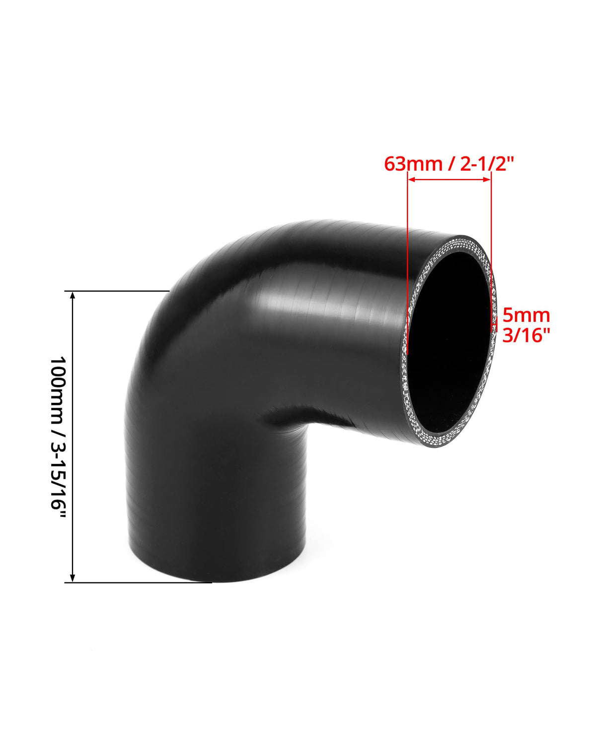 QWORK elbow beside ruler showing 4" leg length scale and fit