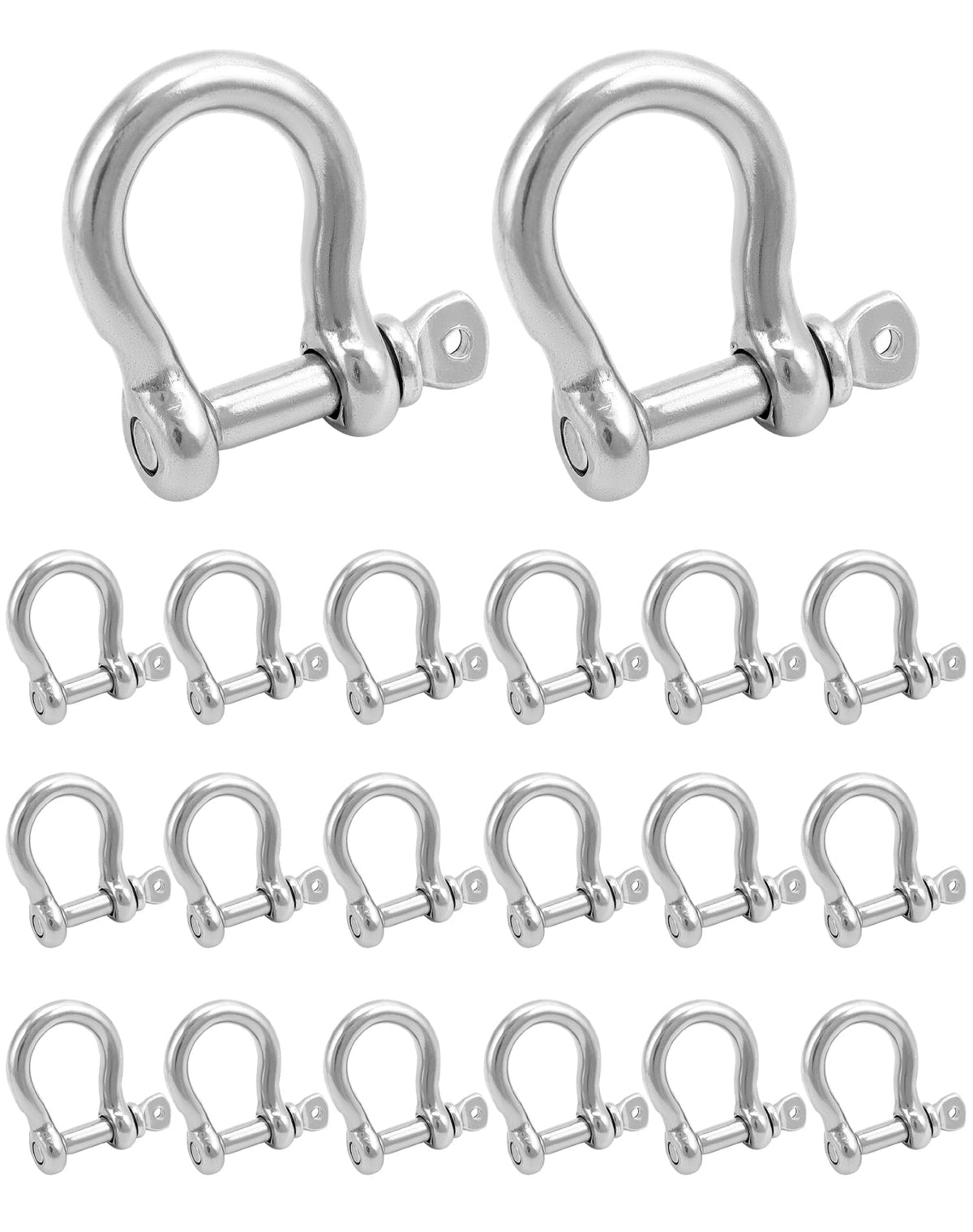 QWORK front view of 20-pack D-ring shackles showing durable stainless-steel finish and quantity