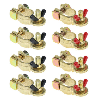 QWORK front view of terminal set showing all eight clamps and benefits of durable brass