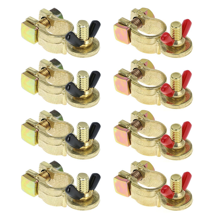 QWORK front view of terminal set showing all eight clamps and benefits of durable brass