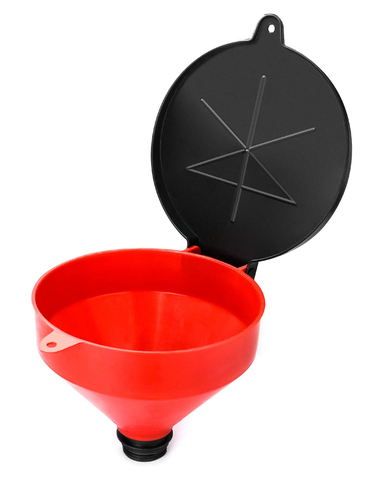 QWORK front view of lockable drum funnel showing secure fit and easy pouring
