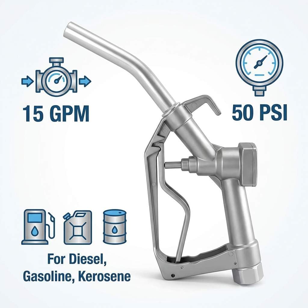 QWORK fuel nozzle attached to hose in use enabling faster hands-free fueling