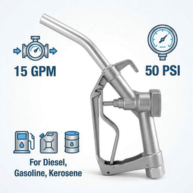 QWORK fuel nozzle attached to hose in use enabling faster hands-free fueling