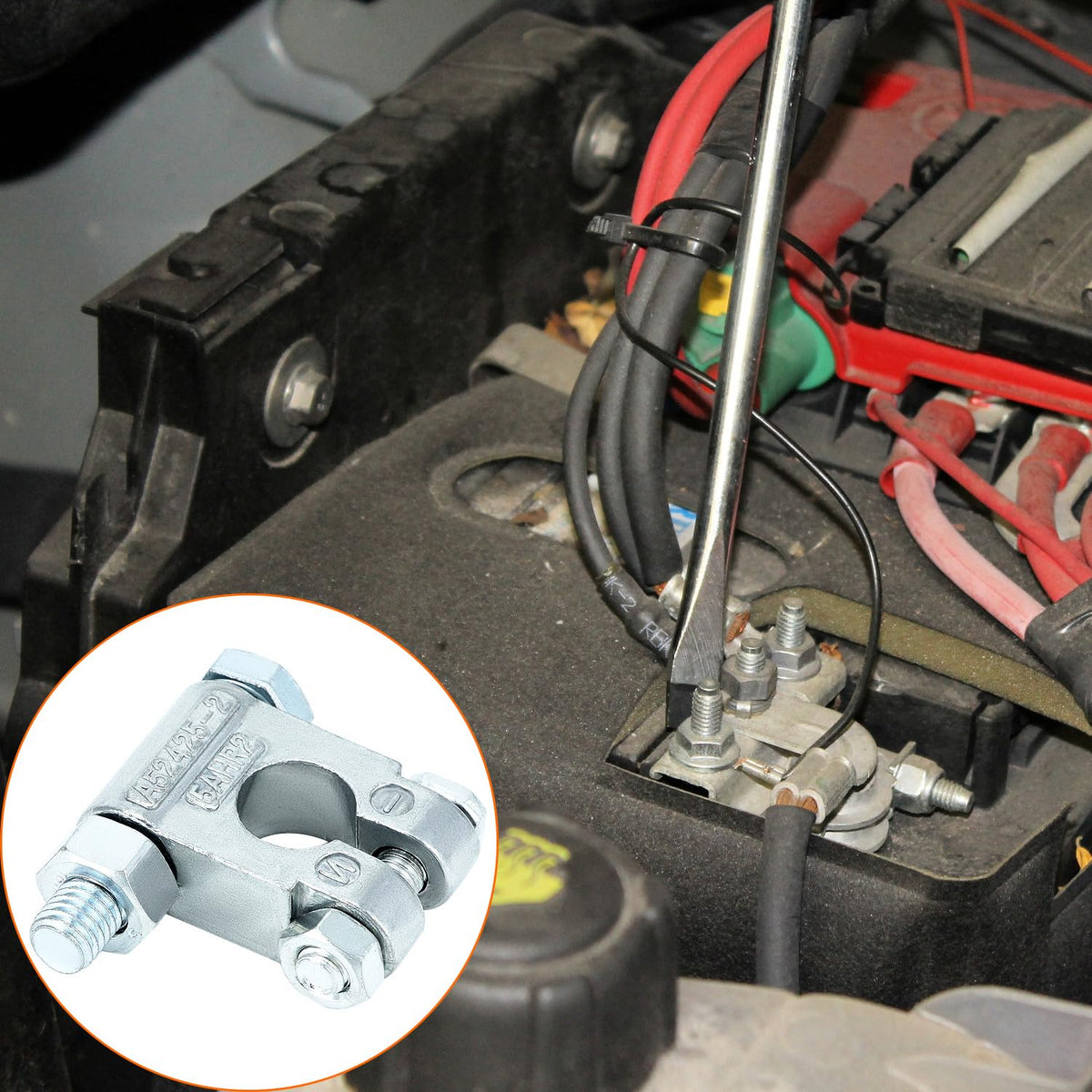 QWORK terminals installed on a car battery demonstrating easy replacement