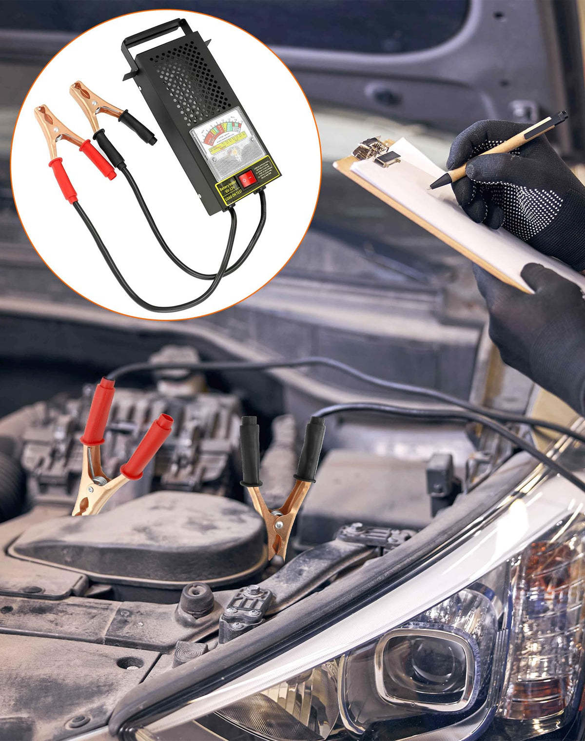 QWORK connected to a car battery demonstrating fast on-vehicle testing