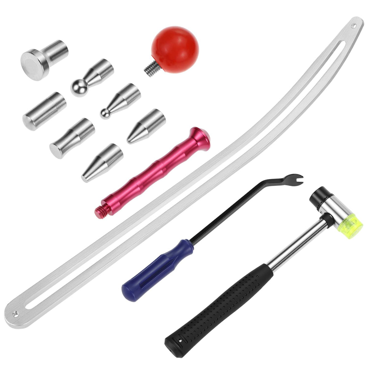 QWORK kit front layout showing all stainless-steel dent tools and mallet for DIY repairs