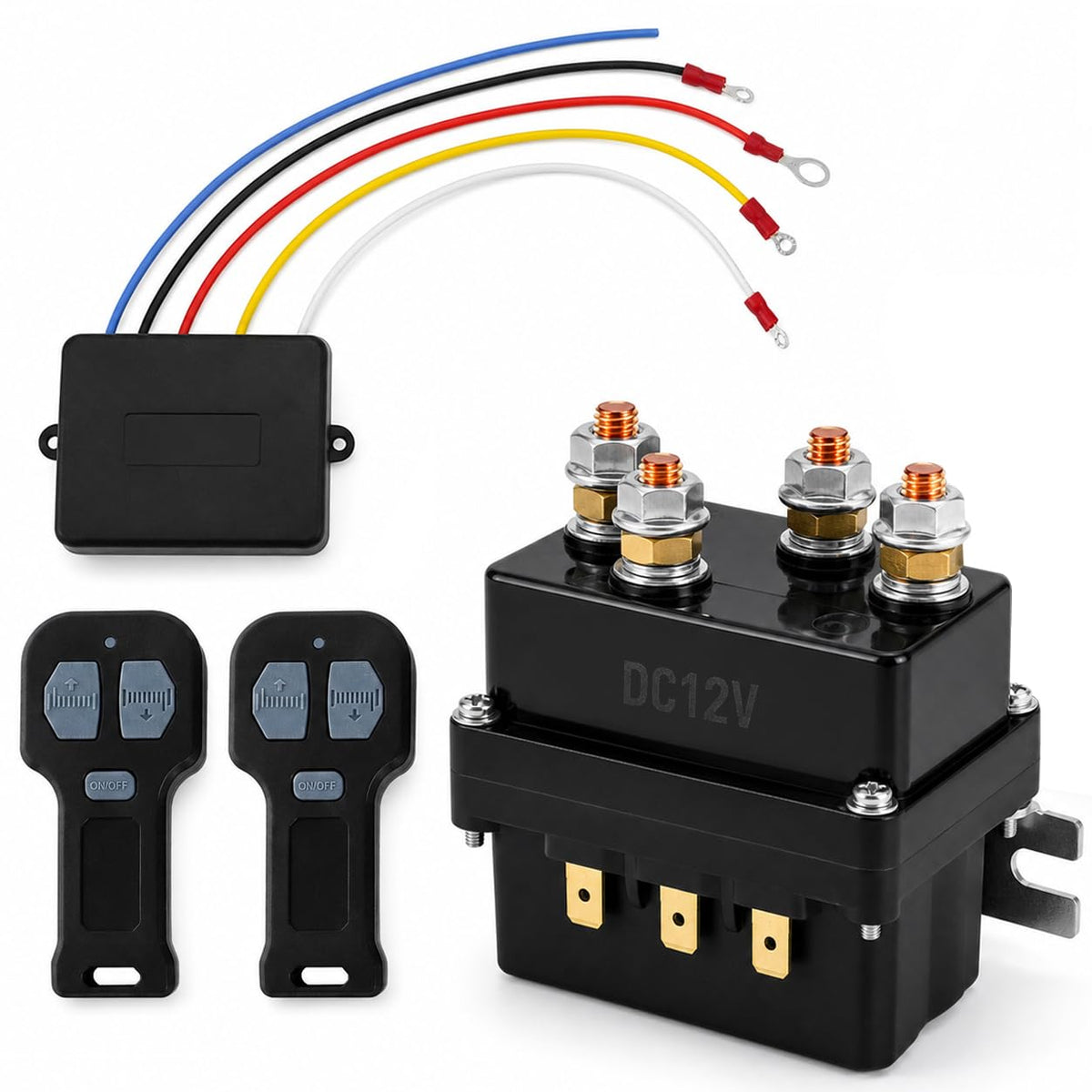 QWORK kit front view showing relay receiver and two remotes for easy winch control
