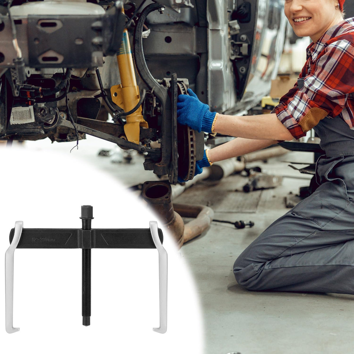 QWORK gear puller in garage setting illustrating professional use