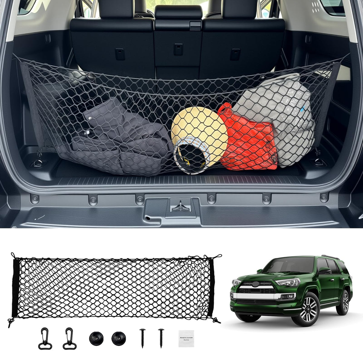 Qyebbk front view of cargo net packaging showing product fit and benefits