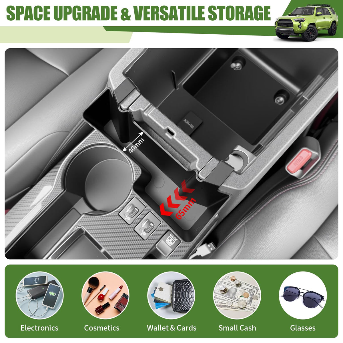 Qyebbk installed under 4Runner armrest showing easy-access benefit