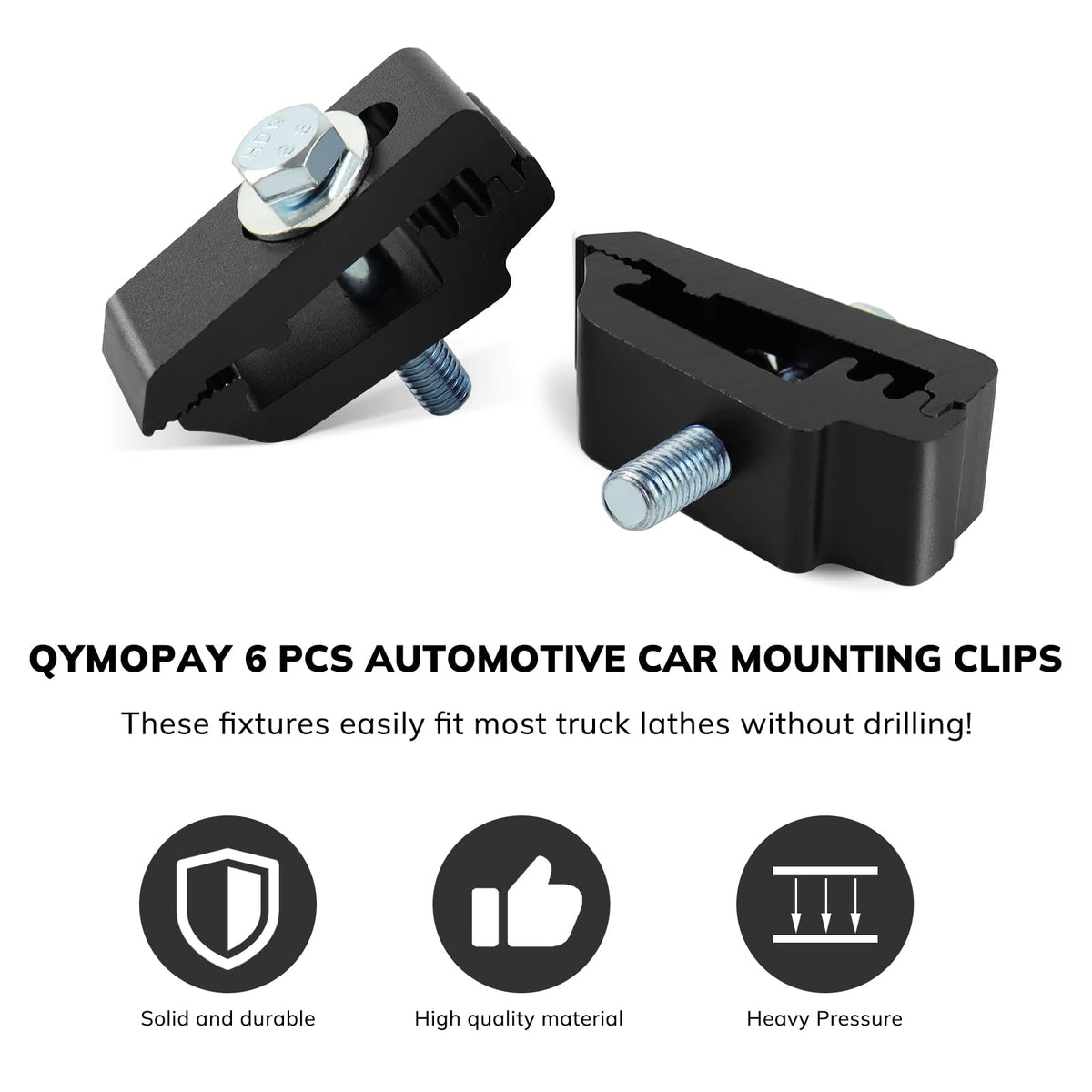 QYMOPAY clamp with screws and label showing included hardware benefit
