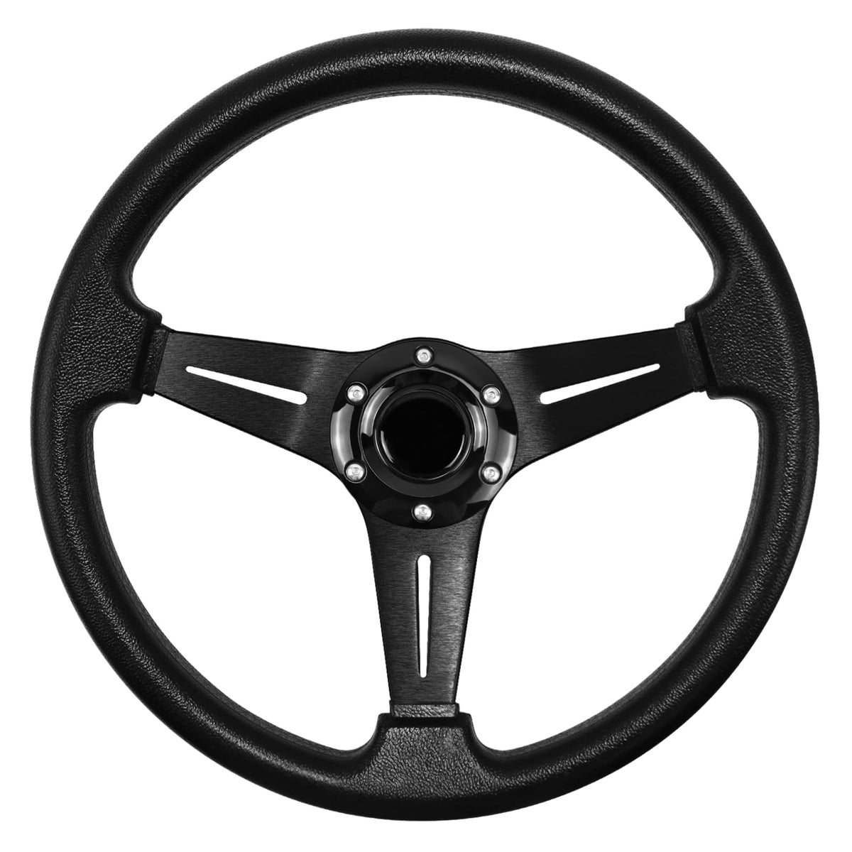 QYMOPAY front-facing steering wheel showing ergonomic shape and sporty look