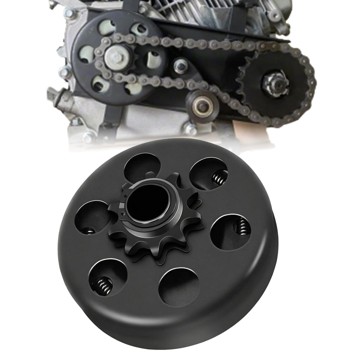 QYMOTO front view clutch showing 10-tooth sprocket and compact housing for easy replacement
