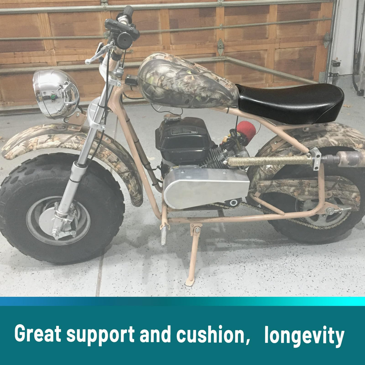QYMOTO seat on a mini bike in park showing upgraded look and protection