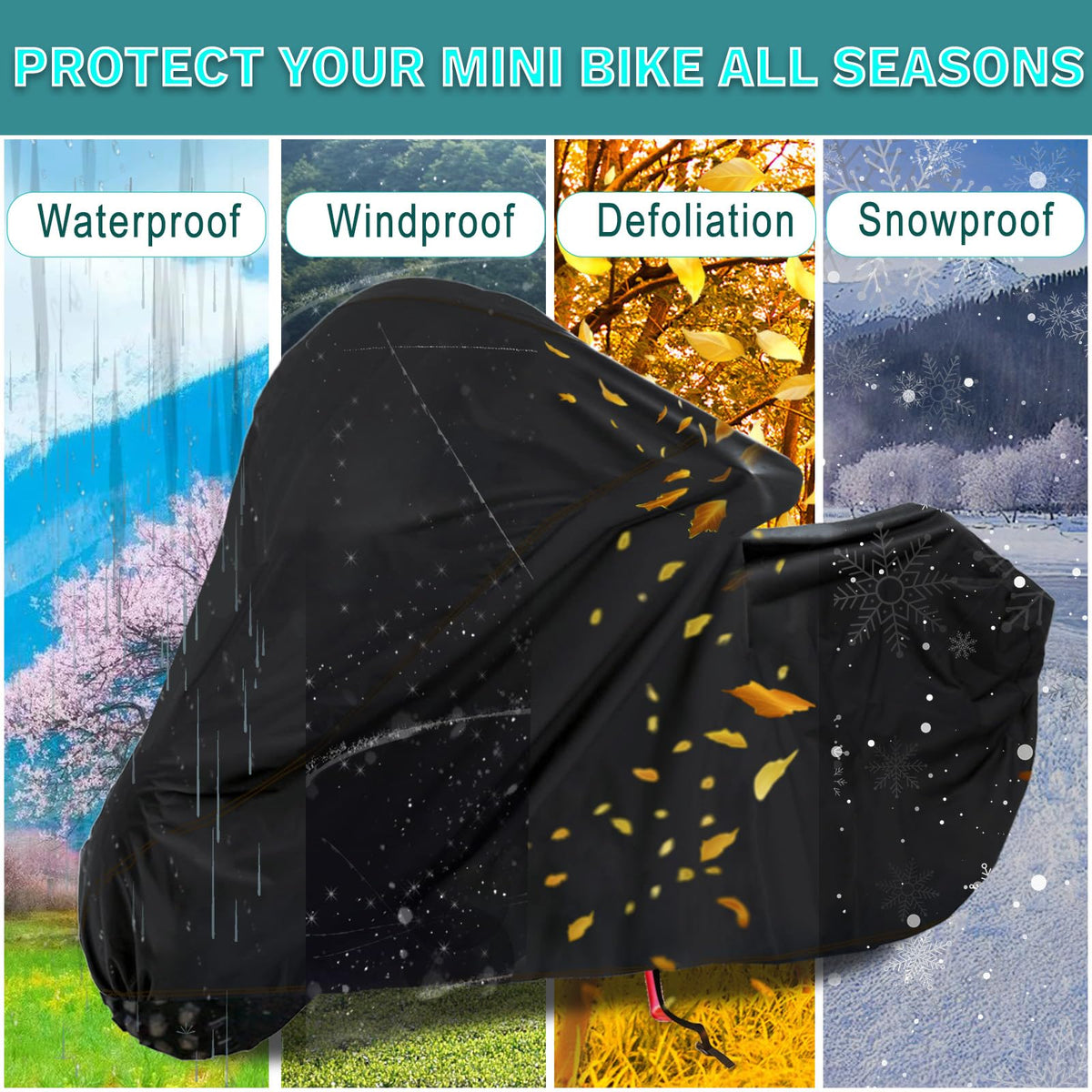 QYMOTO mini bike cover side profile showing tailored fit benefit