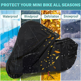 QYMOTO mini bike cover side profile showing tailored fit benefit