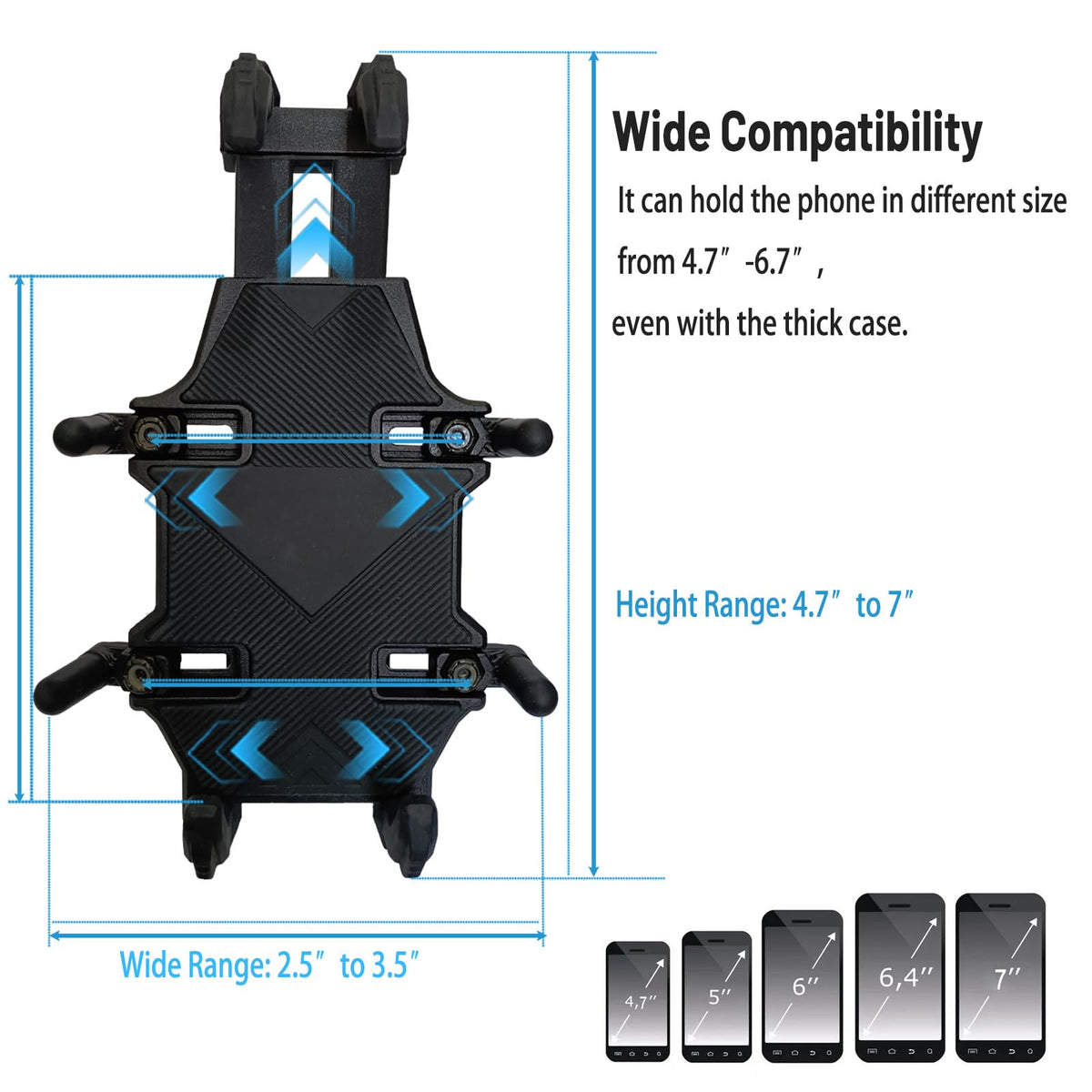 QYMOTO mount beside phone showing compatible 4.7-7.1 inch sizing benefit