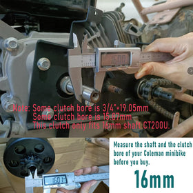 QYMOTO clutch beside ruler showing 16mm bore for accurate size verification