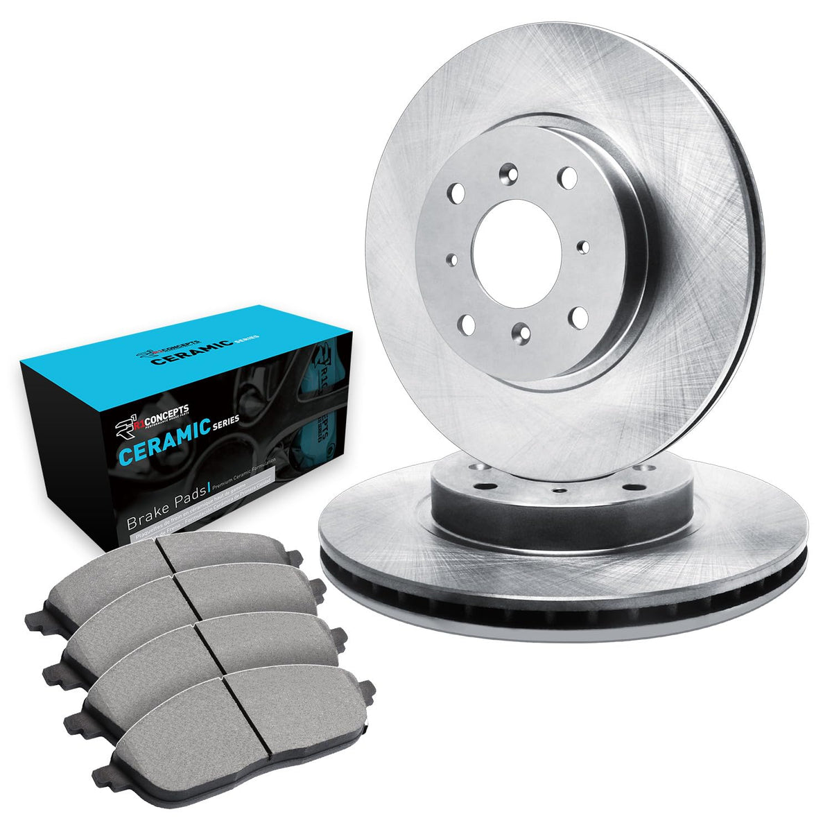 R1 Concepts front kit packaging showing complete rotor and pad set benefits