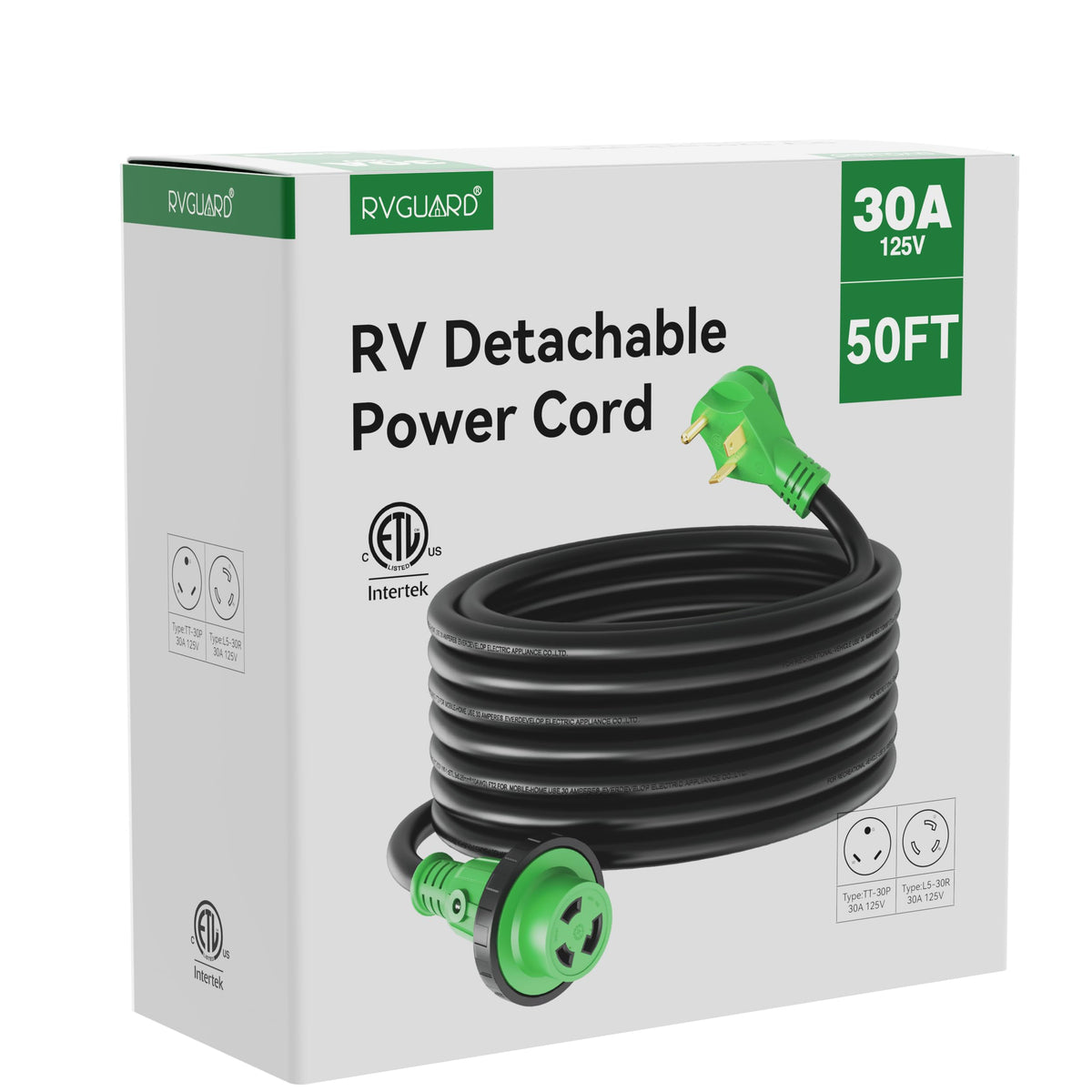 RVGUARD 50ft cord connected at a campsite providing reliable power reach