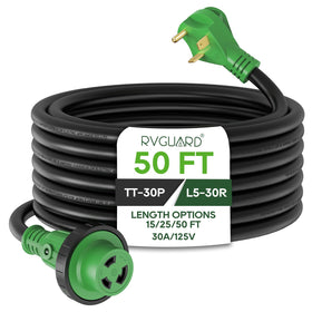 RVGUARD front view of 30A 50ft cord showing connectors for secure hookups