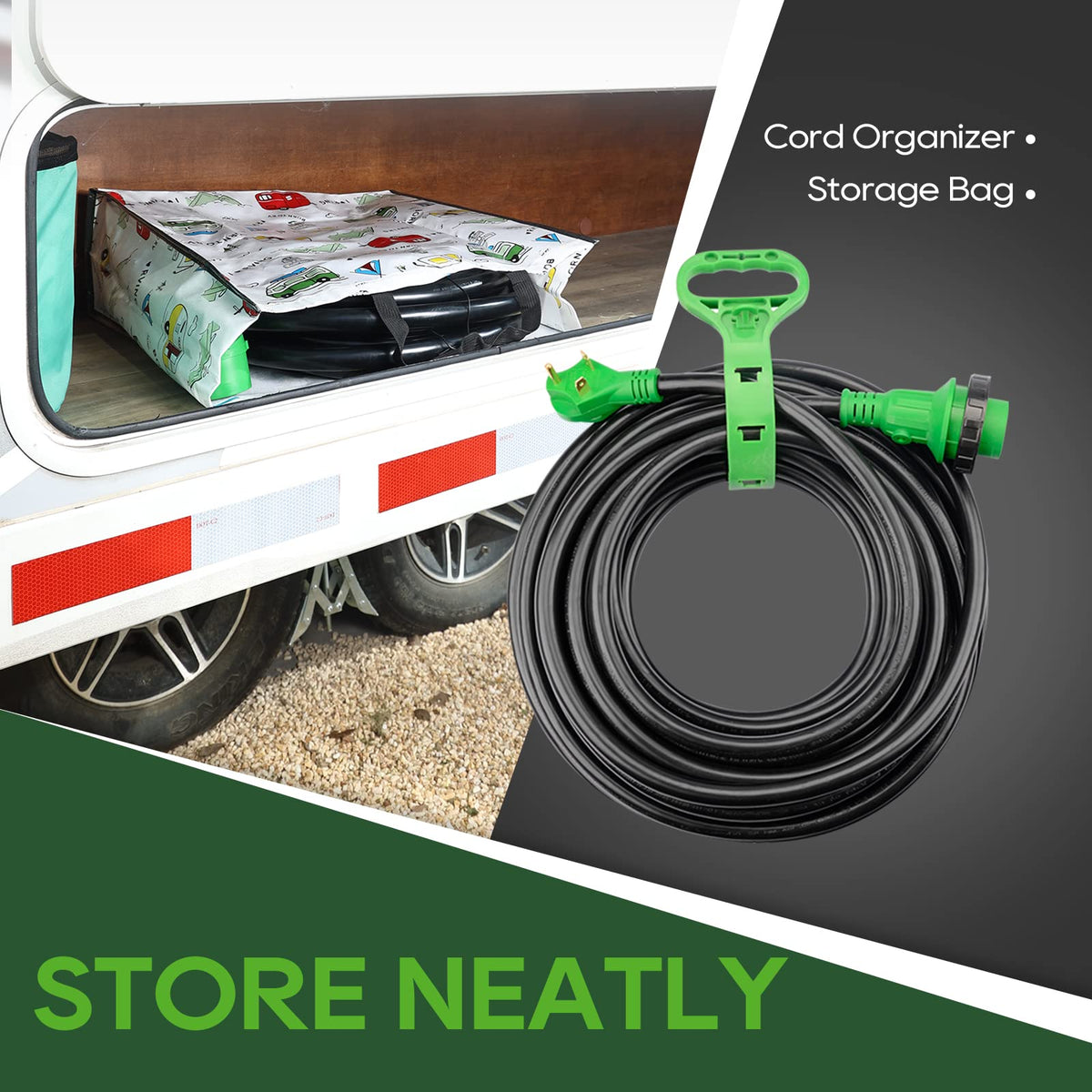 RVGUARD storage bag and strap keeping the 50ft cord neat and protected
