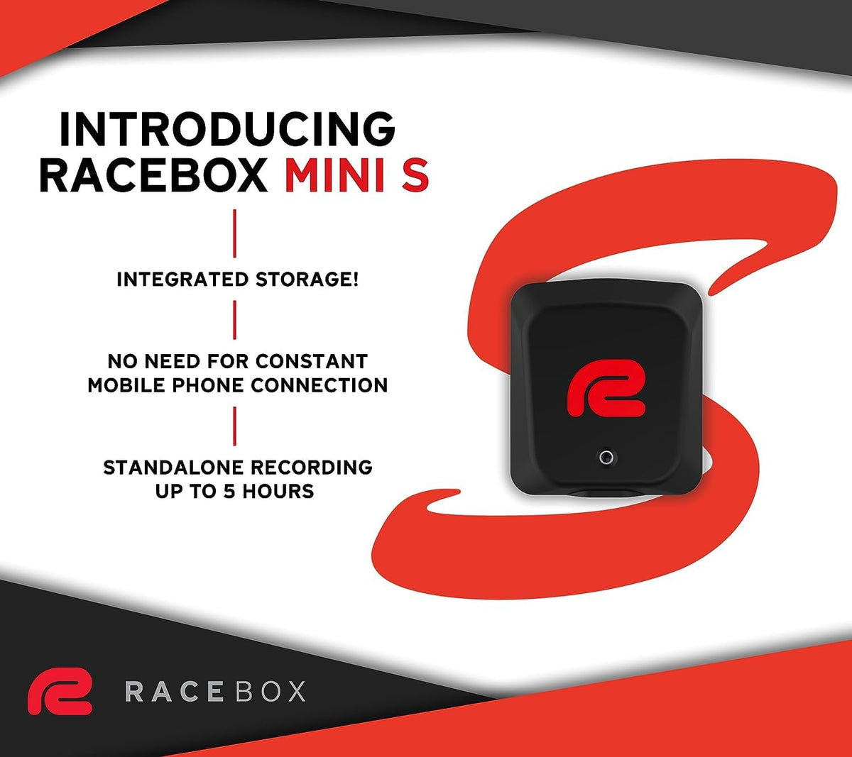 RACEBOX Mini S GPS module closeup highlighting 25Hz accuracy benefit