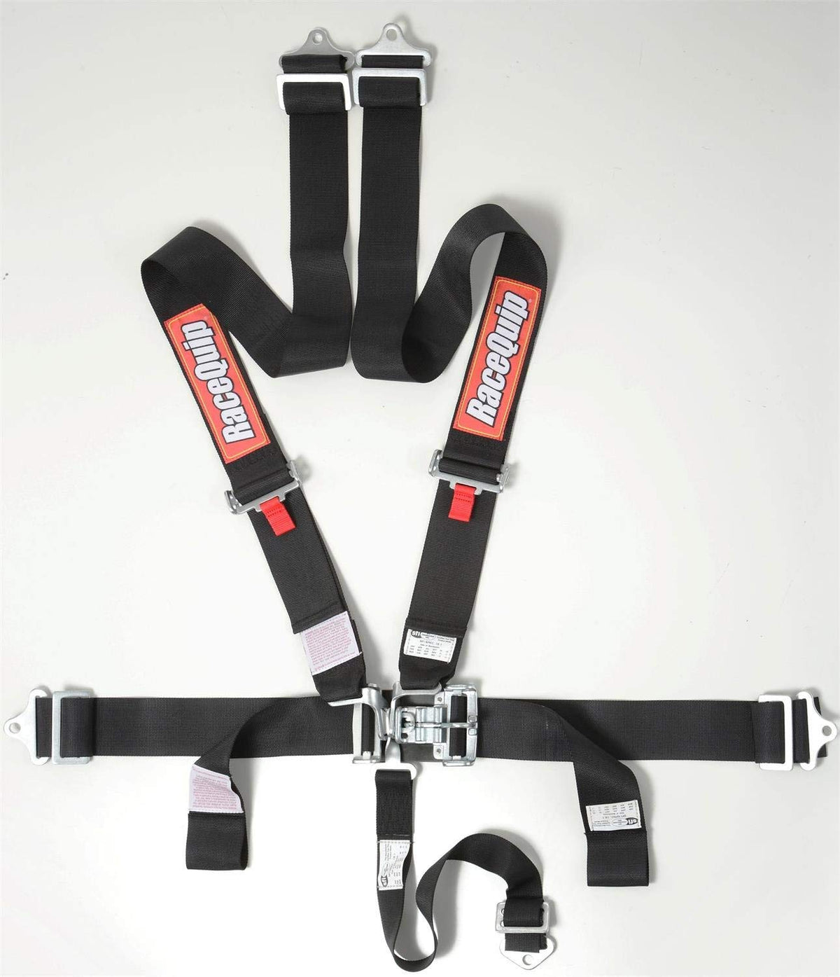 RaceQuip 711001 front view of black five-point harness showing straps and latch for secure fit