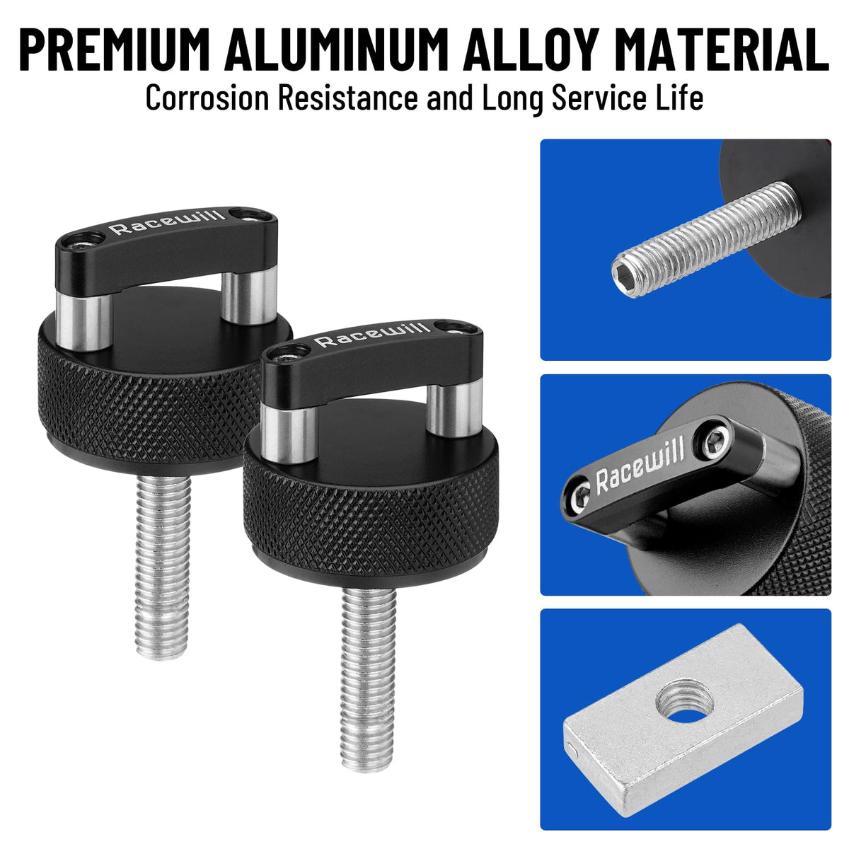Racewill close-up of thumb screw head for easy hand operation