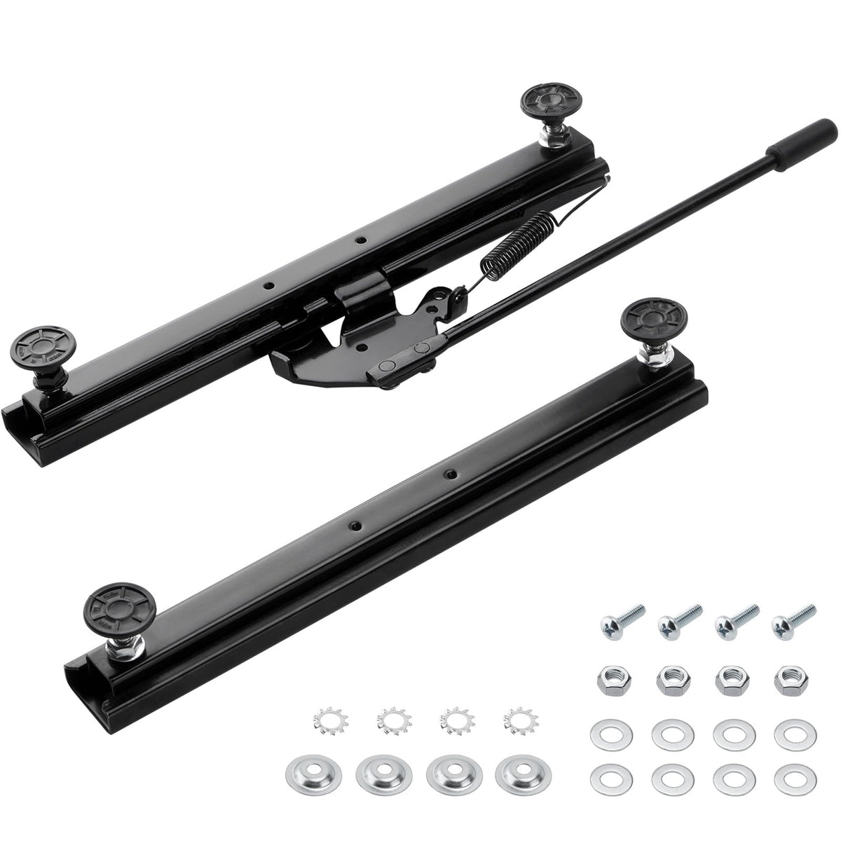 Racewill front view of seat slider kit showing paired rails and hardware for easy retrofit