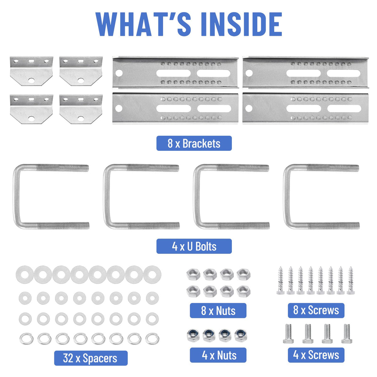 Racewill laid-out hardware set showing included bolts, nuts, washers for quick assembly