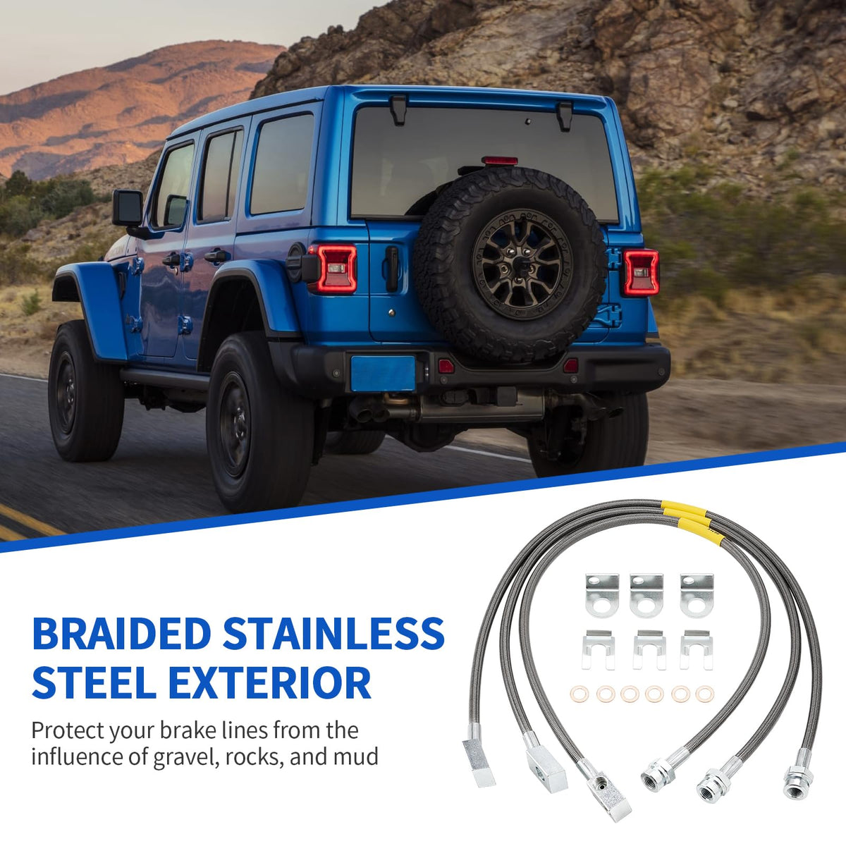 Racewill installed rear brake line on Jeep showing lift accommodation benefit