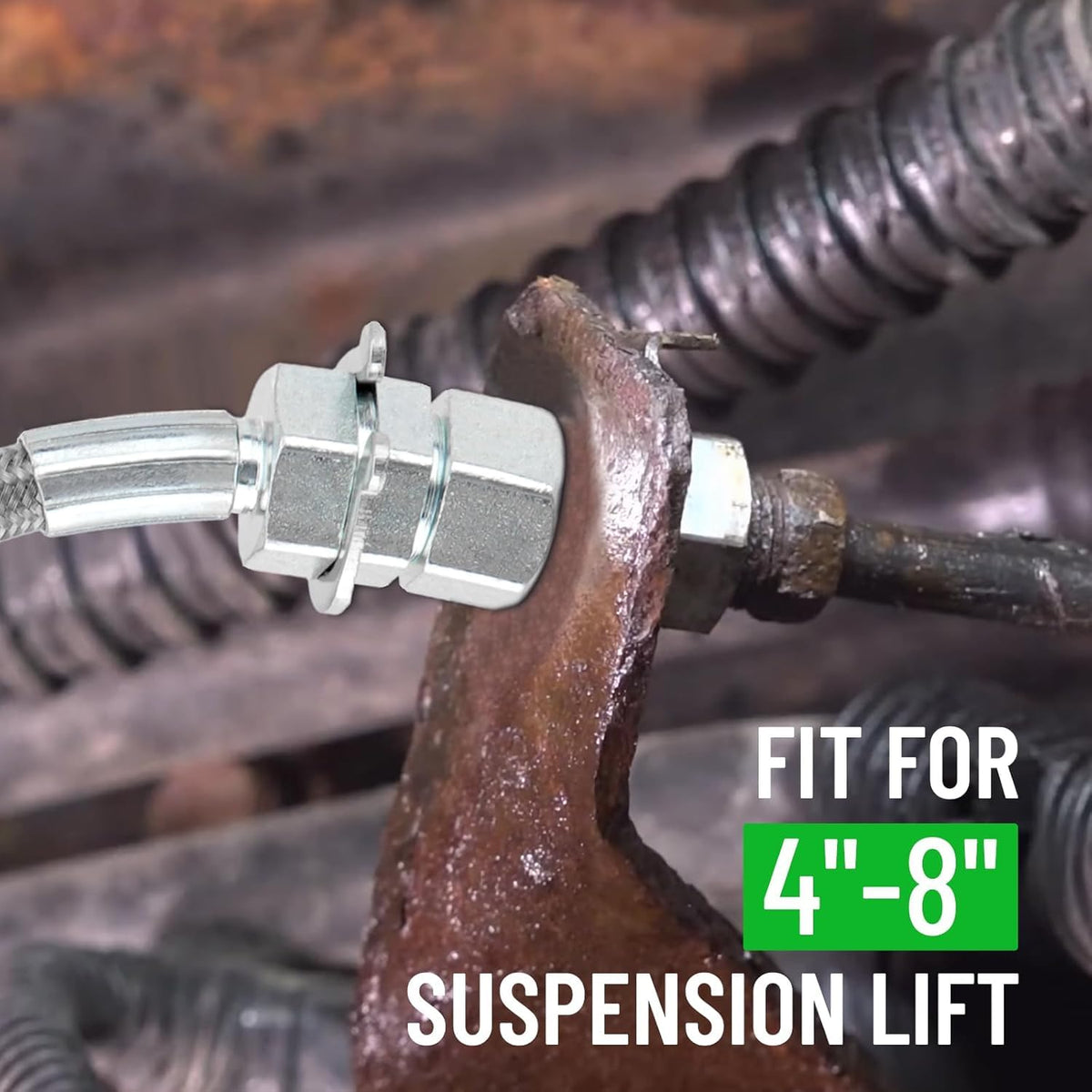 Racewill length comparison beside lifted truck showing extended reach for 4"–8" lifts