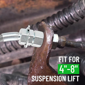 Racewill length comparison beside lifted truck showing extended reach for 4"–8" lifts