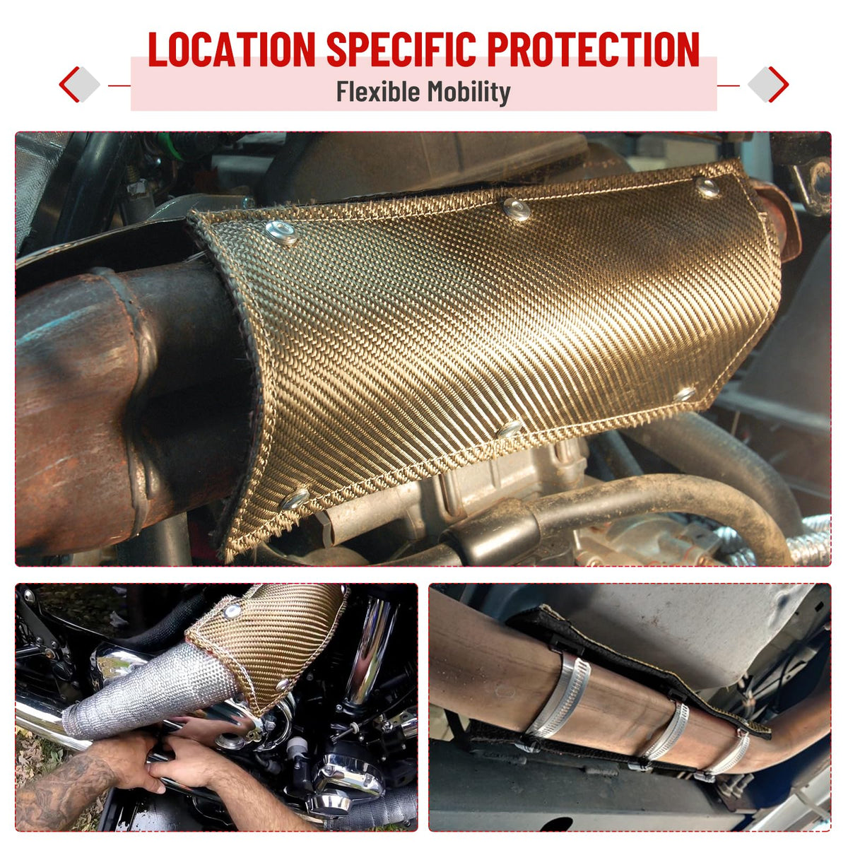 Racewill mounted on a curved exhaust demonstrating flexible fit and protection